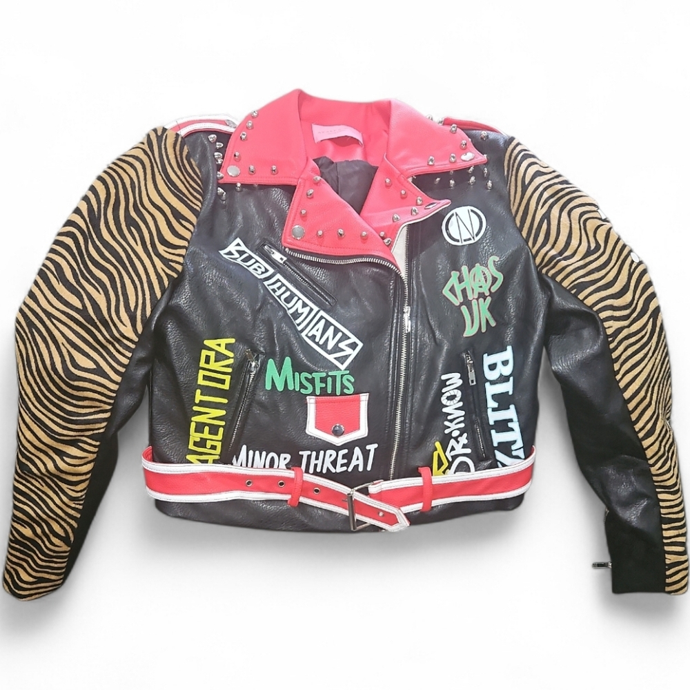Azalea Wang Leopard Black And Red Faux Leather Jacket
